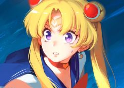 Rule 34 | 1girl, bishoujo senshi sailor moon, bishoujo senshi sailor moon s, blonde hair, blue background, blue sailor collar, bow, bowtie, breasts, choker, cleavage, crescent, crescent earrings, derivative work, diadem, earrings, from side, hair ornament, heart, heart choker, jewelry, meme, parted bangs, parted lips, patipat asavasena, purple eyes, red bow, red bowtie, red choker, sailor collar, sailor moon, sailor moon redraw challenge (meme), school uniform, screenshot redraw, serafuku, simple background, solo, surprised, sweatdrop, tsukino usagi, twintails, upper body