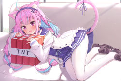 Rule 34 | 1girl, absurdres, ahoge, animal ears, aqua hair, blouse, blue dress, blue serafuku, blue skirt, blunt bangs, blush, braid, cat ears, cat girl, cat tail, colored inner hair, dress, explosive, frilled shirt collar, frills, hairband, highres, hololive, loafers, long hair, long sleeves, looking at viewer, lying, minato aqua, minato aqua (1st costume), minato aqua (sailor), multicolored hair, nail polish, on side, open mouth, pantyhose, pink eyes, pink hair, pleated skirt, ribbon, sailor collar, school uniform, serafuku, shirt, shoes, sidelocks, skirt, sleeves past wrists, smile, solo, streaked hair, tail, tail ornament, tail ribbon, tnt, tnt block (minecraft), twin braids, two-tone hair, virtual youtuber, white pantyhose, white shirt, xue lu