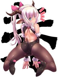 Rule 34 | 1girl, animal ears, ass, bare shoulders, black pantyhose, blue eyes, detached sleeves, from behind, high heels, highres, horns, kneeling, leaning forward, light purple hair, long hair, looking back, original, pantyhose, ponytail, rabbit girl, shiny skin, solo, tail, tsukigami chronica