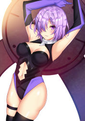 Rule 34 | 1girl, armpits, arms up, bare shoulders, black leotard, black thighhighs, blush, breasts, cleavage, cleavage cutout, closed mouth, clothing cutout, collar, covered erect nipples, cowboy shot, elbow gloves, fate/grand order, fate (series), frown, gloves, hair over one eye, large breasts, leotard, majin (kiidoumajin), mash kyrielight, navel, navel cutout, pink hair, purple eyes, purple gloves, raised eyebrows, shield, shiny skin, short hair, simple background, skindentation, solo, standing, tareme, thigh strap, thighhighs, thighs, wavy mouth, white background