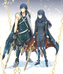 Rule 34 | 1boy, 1girl, ameno (a meno0), bad id, bad pixiv id, blue eyes, blue gloves, blue hair, chain, chrom (fire emblem), father and daughter, fingerless gloves, fire emblem, fire emblem awakening, full body, gloves, holding, holding sword, holding weapon, long hair, lucina (fire emblem), nintendo, project x zone, project x zone 2, short hair, sword, weapon