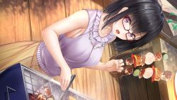 Rule 34 | 1girl, :o, ai kiss 2, armpits, barbecue, black hair, blush, breasts, female focus, food, frills, from above, frying, game cg, giga (company), glasses, hand up, highres, holding, kirisawa saki, large breasts, looking at viewer, meat, medium hair, open mouth, original, outdoors, purple eyes, red-framed eyewear, sadamoto nao, skirt, sleeveless, solo, standing, steam