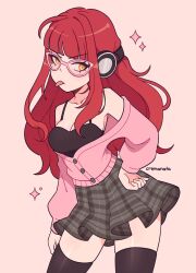 Rule 34 | 1girl, absurdres, alhena (vtuber), black thighhighs, cardigan, cremanata, glasses, hand on own hip, headphones, highres, indie virtual youtuber, long hair, looking at viewer, pink cardigan, red hair, simple background, skirt, thighhighs, tongue, tongue out, virtual youtuber, white background, yellow eyes