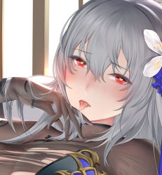 Rule 34 | 1girl, au11, azur lane, blush, cleavage, close-up, commentary request, flower, grey hair, hair between eyes, hair flower, hair ornament, heart, heart-shaped pupils, looking at viewer, official alternate costume, red eyes, saint-louis (alluring administrator) (azur lane), saint-louis (azur lane), see-through, see-through cleavage, sheer gloves, solo, symbol-shaped pupils, tongue, tongue out, window