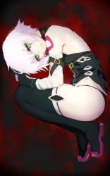 Rule 34 | 1girl, arm belt, armpit crease, bandaged arm, bandages, bare shoulders, belt, black belt, black gloves, black panties, black thighhighs, black vest, boots, breasts, buckle, commentary request, fate/apocrypha, fate/grand order, fate (series), fetal position, from side, gloves, green eyes, highres, jack the ripper (fate/apocrypha), looking at viewer, looking to the side, lying, on side, panties, parted lips, purple footwear, red background, scar, scar across eye, scar on face, short hair, shoulder tattoo, slit pupils, small breasts, solo, tattoo, terimayo, thigh boots, thighhighs, underwear, vest, white hair
