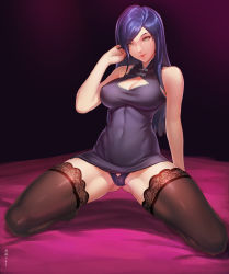 Rule 34 | 1girl, absurdres, amssc, black thighhighs, breasts, china dress, chinese clothes, cleavage cutout, clothing cutout, dress, highres, kneeling, lace, lace-trimmed legwear, lace trim, large breasts, legs, long hair, long legs, no bra, panties, pantyshot, purple dress, purple hair, purple panties, sleeveless, sleeveless dress, solo, spread legs, thighhighs, thighs, underwear, yellow eyes