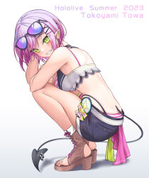 Rule 34 | 1girl, bikini, bikini under shorts, breasts, choker, colored inner hair, commentary, commentary request, demon tail, ear piercing, english commentary, eyewear on head, hair ornament, heart o-ring, high heels, highres, hololive, hololive summer 2023 swimsuit, looking at viewer, looking to the side, medium breasts, mixed-language commentary, multicolored hair, nail polish, o-ring, o-ring choker, o-ring thigh strap, panty straps, piercing, sandals, solo, striped bikini, striped clothes, sunglasses, swimsuit, tail, tail ornament, tail piercing, thigh strap, toeless footwear, toenail polish, toenails, tokoyami towa, virtual youtuber, x hair ornament, z.m. (zimin)