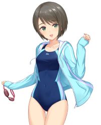 Rule 34 | 1girl, blunt bangs, bob cut, breasts, brown hair, commentary request, competition swimsuit, covered navel, cowboy shot, goggles, unworn goggles, green eyes, jacket, looking at viewer, one-piece swimsuit, open mouth, original, short hair, simple background, smile, solo, swimsuit, swimsuit under clothes, tamakaga, white background