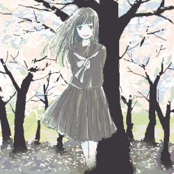 Rule 34 | 1girl, arms behind back, cherry blossoms, long hair, looking at viewer, lowres, oekaki, sakazaki (kakko), school uniform, serafuku, smile, solo, standing, tree, wind