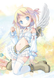 Rule 34 | 1girl, absurdres, angel, angel wings, blonde hair, blue eyes, boots, crop top, detached sleeves, doughnut, flat chest, food, frilled skirt, frills, hair ribbon, highres, kneeling, looking at viewer, miniskirt, navel, original, pop (electromagneticwave), quad braids, ribbon, skirt, solo, thighhighs, white thighhighs, white wings, wings, zettai ryouiki