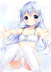 Rule 34 | 1girl, absurdres, bare arms, bare shoulders, blue eyes, blue hair, blush, bow, bow bra, bra, breasts, closed mouth, collarbone, commentary request, floral background, gochuumon wa usagi desu ka?, hair between eyes, hair ornament, highres, kafuu chino, knees up, neki (wakiko), outstretched arms, panties, sitting, small breasts, smile, solo, thighhighs, underwear, underwear only, white background, white bra, white panties, white thighhighs, x hair ornament