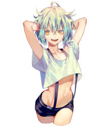 Rule 34 | 1boy, :d, arms behind back, bare shoulders, black shorts, blue hair, commentary, copyright request, cowboy shot, cropped legs, hands up, looking at viewer, male focus, midriff, navel, open mouth, orange eyes, shirt, short hair, short sleeves, shorts, simple background, smile, solo, suspender shorts, suspenders, white background, white shirt, yamakawa