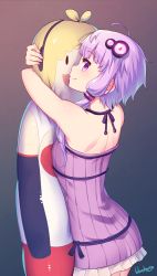 Rule 34 | 1girl, ahoge, arms up, artist name, bare arms, bare shoulders, blueberry (5959), blush, cowboy shot, dakimakura (object), dress, from side, gradient background, hair ornament, hair tubes, hairpin, highres, hugging object, implied yuri, long hair, looking at viewer, looking to the side, low twintails, pillow, pillow hug, profile, purple dress, purple eyes, purple hair, short dress, short hair with long locks, sleeveless, sleeveless dress, smile, solo, standing, striped clothes, striped dress, tsurumaki maki, twintails, vertical-striped clothes, vertical-striped dress, vocaloid, voiceroid, yuzuki yukari