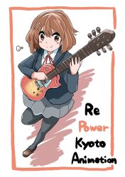 Rule 34 | 1girl, auzenismo, black jacket, brown eyes, brown footwear, brown hair, commentary request, electric guitar, full body, grey skirt, guitar, highres, hirasawa yui, instrument, jacket, k-on!, kyoto animation, loafers, neck ribbon, pantyhose, perspective, pleated skirt, red ribbon, ribbon, sakuragaoka high school uniform, school uniform, shoes, short hair, skirt, smile, solo
