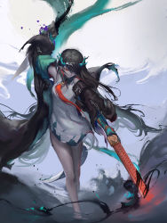 Rule 34 | 1girl, absurdres, arknights, bare legs, bare shoulders, black coat, black hair, closed mouth, coat, colored skin, dragon girl, dragon horns, dragon tail, dress, dusk (arknights), furioso, green skin, hair over one eye, highres, holding, holding sheath, holding sword, holding weapon, horns, ink, long hair, long sleeves, necktie, off shoulder, open clothes, open coat, outstretched arm, red eyes, red necktie, sheath, solo, sword, tail, unsheathed, very long hair, wading, weapon, white dress