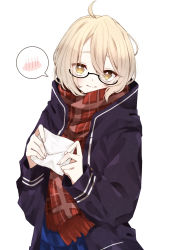 Rule 34 | 1girl, ahoge, alternate hairstyle, artoria pendragon (fate), blonde hair, blue jacket, blush, closed mouth, commentary, embarrassed, fate/grand order, fate (series), glasses, hair between eyes, highres, holding, holding letter, jacket, letter, long sleeves, looking at viewer, messy hair, mysterious heroine x alter (fate), mysterious heroine x alter (first ascension) (fate), open clothes, open jacket, plaid, plaid scarf, red scarf, scarf, semi-rimless eyewear, shimotsuki1122, short hair, sidelocks, simple background, solo, speech bubble, spoken blush, standing, under-rim eyewear, white background, yellow eyes