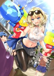 Rule 34 | 1girl, alternate costume, black pantyhose, blonde hair, blue eyes, blue sky, blurry, blurry background, braid, breasts, colorado (kancolle), crop top, day, dual wielding, eyewear on head, grey skirt, highres, holding, holding water gun, kantai collection, large breasts, midriff, miniskirt, narushima kanna, navel, open mouth, outdoors, pantyhose, short hair, side braids, skirt, sky, solo focus, sunglasses, water gun, wet, wet clothes