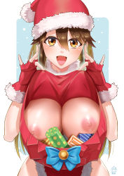 Rule 34 | 1girl, :d, blue bow, bow, box, breasts, brown eyes, brown hair, christmas, cleavage cutout, clothing cutout, fingerless gloves, fur-trimmed gloves, fur-trimmed headwear, fur-trimmed leotard, fur trim, ge xi, gift, gift box, gloves, hair between eyes, highleg, highleg leotard, highres, huge breasts, leotard, lifting own clothes, long hair, looking at viewer, merry christmas, nipples, open mouth, original, puffy nipples, red gloves, red headwear, red leotard, santa costume, smile, very long hair