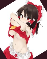 Rule 34 | 1girl, ascot, black hair, bloomers, bow, breasts, groin, hair bow, hair tubes, hakurei reimu, long hair, medium breasts, navel, no bra, no panties, pale skin, red bow, red eyes, red skirt, simple background, skirt, solo, touhou, tyouseki, underboob, underwear, undressing, vest, white background