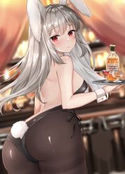 1girl animal_ears ass back backless_leotard bare_arms bare_shoulders bent_over black_leotard blurry breasts brown_pantyhose closed_mouth cowboy_shot depth_of_field grey_hair holding katsushika_pachi leotard long_hair looking_at_viewer looking_back medium_breasts original pantyhose playboy_bunny rabbit_ears rabbit_tail red_eyes solo standing tail thighband_pantyhose tray wrist_cuffs