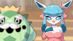 Rule 34 | 1girl, :3, animal nose, arm at side, black eyes, blue fur, blue hair, blue sclera, blurry, blurry background, blurry foreground, blush, body fur, breasts, brown background, cacnea, choker, cleavage, collarbone, colored sclera, creatures (company), drunkoak, facial hair, female focus, forked eyebrows, furry, furry female, game freak, gen 3 pokemon, gen 4 pokemon, glaceon, hair ornament, hair ribbon, hand on own chest, hand up, happy, highres, indoors, large breasts, long hair, long sleeves, looking at viewer, mole, mole under eye, multicolored hair, mustache, nintendo, off-shoulder shirt, off shoulder, old, open mouth, personification, pink choker, pink ribbon, pink shirt, pokemon, pokemon (creature), ribbon, shirt, sidelocks, skindentation, smile, solo focus, standing, straight-on, thick eyebrows, twintails, two-tone fur, two-tone hair, upper body, white eyes, white fur, x hair ornament