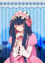Rule 34 | 10s, 1girl, blue background, blue hair, colored inner hair, doily, dress, closed eyes, frills, gesshoku kaen, hairband, own hands clasped, lace background, liusang, long hair, multicolored hair, own hands together, panty &amp; stocking with garterbelt, pink dress, polka dot, polka dot background, praying, smile, solo, stocking (psg), striped, striped background
