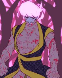 Rule 34 | abs, angry, black sclera, blood, clenched teeth, colored sclera, cowboy shot, dark skin, dark-skinned male, eye mask, highres, japanese clothes, kimetsu no yaiba, kimono, lewis pepper, looking at viewer, male focus, mask, mystery skulls, nahusnab, pink eyes, shippou (pattern), skull mask, solo, spectral hair, teeth, toned, toned male, tree, veins, watermark