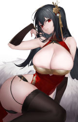 Rule 34 | 1girl, absurdres, ass, azur lane, bare shoulders, black hair, black panties, black thighhighs, breasts, cleavage, commentary, highres, huge breasts, jam (nandade), large breasts, long hair, looking at viewer, official alternate costume, panties, parted lips, red eyes, skindentation, smile, solo, taihou (azur lane), taihou (phoenix&#039;s spring song) (azur lane), thighhighs, underwear