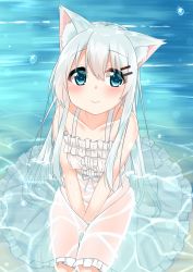 Rule 34 | 1girl, animal ear fluff, animal ears, bare arms, bare shoulders, between legs, blue eyes, blush, cacao (chocolat), cat ears, chocola (cacao), collarbone, commentary request, dress, from above, hair between eyes, hair ornament, hairclip, hand between legs, highres, long hair, looking at viewer, original, shallow water, silver hair, sitting, smile, solo, sundress, v arms, very long hair, water, water drop, wet, wet clothes, wet dress, wet hair, white dress