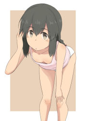 Rule 34 | 1girl, black eyes, black hair, border, braid, breasts, brown background, camisole, commentary request, feet out of frame, hair between eyes, isonami (kancolle), kantai collection, kugui kiyunemu, leaning forward, long hair, looking at viewer, panties, pink camisole, sidelocks, small breasts, solo, two-tone background, underwear, underwear only, white border, white panties