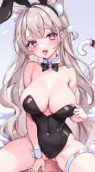 Rule 34 | 1boy, 1girl, animal ear fluff, animal ears, black bow, black bowtie, black leotard, blush, bow, bowtie, breasts, brown hair, cat ears, cat girl, cat tail, cleavage, covered navel, eneru (enepuni), fake animal ears, grey background, hetero, highres, implied sex, large breasts, leotard, long hair, open mouth, original, playboy bunny, purple eyes, rabbit ears, sitting, tail, thigh strap, tongue, tongue out, wavy hair, wrist cuffs