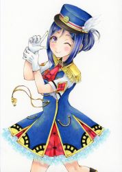 Rule 34 | 1girl, absurdres, alternate hairstyle, animal print, artist name, artist request, bare legs, blue dress, blue hair, blue hat, blush, breasts, collared shirt, conductor, dress, earrings, epaulettes, feathers, female focus, frog print, gloves, grratan, hair between eyes, hair bun, happy party train, hat, hat feather, highres, jewelry, long hair, looking at viewer, love live!, love live! school idol festival, love live! sunshine!!, matsuura kanan, neckerchief, one eye closed, parted lips, ponytail, purple eyes, purple hair, red neckerchief, red skirt, shirt, short hair, short sleeves, sidelocks, single hair bun, skirt, small breasts, smile, solo, two side up, whistle, white background, white feathers, white gloves, white skirt