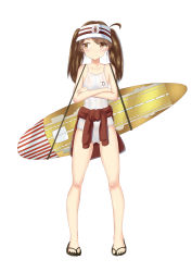 Rule 34 | 10s, 1girl, absurdres, alternate costume, brown eyes, brown hair, clothes around waist, crossed arms, flight deck, highres, jacket, jacket around waist, kantai collection, long hair, one-piece swimsuit, reon-shi, revision, ryuujou (kancolle), sandals, simple background, solo, surfboard, swimsuit, twintails, visor cap