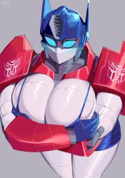 Rule 34 | 1girl, absurdres, autobot, blue eyes, blue sclera, blush, breasts, colored sclera, feminization, genderswap, genderswap (mtf), grey background, highres, humanization, large breasts, looking at viewer, mechanical arms, mechanical legs, nezulet, no mouth, optimus prime, simple background, solo, transformers
