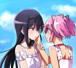 Rule 34 | 10s, 2girls, akemi homura, bad id, bad twitter id, black hair, crying, crying with eyes open, day, dress, hair ribbon, hairband, hand on another&#039;s cheek, hand on another&#039;s face, kaname madoka, long hair, mahou shoujo madoka magica, mahou shoujo madoka magica (anime), multiple girls, pink eyes, pink hair, purple eyes, ribbon, short twintails, smile, sundress, tears, twintails, yoplait, yuri