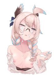 Rule 34 | 1girl, absurdres, ahoge, bare shoulders, bird girl, black bra, blonde hair, blue hair, blush, bow, bra, breasts, collarbone, commentary, cropped torso, cum, cum on chest, cum on eyewear, cum on hands, english commentary, enna alouette, facial, female focus, glasses, gradient hair, hair bow, hair ornament, head wings, highres, long braid, long hair, looking at viewer, low twintails, multicolored hair, nijisanji, nijisanji en, nipples, off shoulder, one eye closed, open mouth, purple bow, purple eyes, simple background, small breasts, solo, twintails, underwear, upper body, virtual youtuber, white background, white wings, wings, yarashi thought