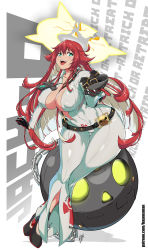 Rule 34 | ankh, bayeuxman, bell-bottoms, bodysuit, breasts, broken halo, cleavage, spiked halo, cross, curvy, green eyes, guilty gear, guilty gear strive, halo, highres, jack-o&#039; valentine, large breasts, long hair, looking at viewer, pants, red hair, skin tight, solo, thick thighs, thighs, white bodysuit, wide hips
