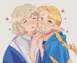 Rule 34 | 2girls, blonde hair, blue capelet, blush, capelet, cheek-to-cheek, closed eyes, dungeon meshi, elf, falin touden, green eyes, heads together, highres, holding hands, hood, hooded capelet, interlocked fingers, long hair, marcille donato, multiple girls, parted lips, pointy ears, roseiid, yuri