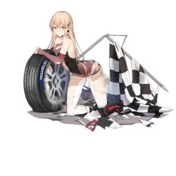 Rule 34 | 1girl, black footwear, black thighhighs, blonde hair, blush, boots, breasts, center opening, checkered flag, clothes writing, cross, cross earrings, damaged, dress, earrings, elbow gloves, fingerless gloves, flag, flat tire, frown, full body, girls&#039; frontline, gloves, hair between eyes, hair ornament, jewelry, kneeling, light brown hair, long hair, looking at viewer, multiple piercings, official alternate costume, official art, ppk (girls&#039; frontline), ppk (mach tempest) (girls&#039; frontline), race queen, see-through, short dress, sidelocks, sleeveless, sleeveless dress, smile, smile (mm-l), solo, thighhighs, tire, torn clothes, transparent background, wet, wheel