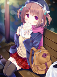 Rule 34 | 1girl, backpack, bag, baozi, beige sweater, bench, beret, blue hat, blue jacket, blurry, blurry background, blush, bow, brown hair, brown thighhighs, commentary request, depth of field, esureki, fingernails, food, food in mouth, hair bobbles, hair ornament, hat, hat bow, highres, holding, holding food, jacket, looking at viewer, mouth hold, on bed, on bench, open clothes, open jacket, original, park bench, pink scrunchie, plaid, plaid skirt, plastic bag, pleated skirt, red eyes, red skirt, scrunchie, shopping bag, sitting, skirt, sleeves past wrists, solo, sweater, thighhighs, two side up, white bow