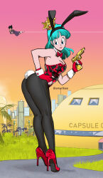Rule 34 | 1boy, 1girl, adapted costume, ass, black pantyhose, blue eyes, blue hair, bow, bowtie, breasts, building, bulma, cleavage, crown, day, dragon ball, dragonball z, flying, full body, giant, giantess, gloves, gun, high heels, highres, holding, holding gun, holding weapon, house, leotard, lipstick, long hair, looking back, makeup, medium breasts, outdoors, palm tree, pantyhose, playboy bunny, rabbit ears, rabbit tail, red bow, red bowtie, red footwear, red leotard, saiyan, saiyan armor, standing, strapless, strapless leotard, sunset, thighs, tree, vegeta, weapon
