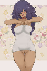 Rule 34 | 1girl, :d, aged up, blush, breasts, choker, cleft of venus, collarbone, commentary request, covered erect nipples, creatures (company), dark-skinned female, dark skin, floral background, game freak, hair down, hair over one eye, hands up, highres, holding, holding towel, iris (pokemon), legs together, letterboxed, long hair, makoto daikichi, naked towel, nintendo, open mouth, outside border, pokemon, pokemon (anime), pokemon bw (anime), purple hair, pussy, red choker, sideways glance, smile, solo, towel