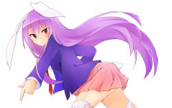 Rule 34 | 1girl, animal ears, blazer, breasts, dress shirt, finger gun, jacket, long hair, long sleeves, looking at viewer, necktie, purple hair, rabbit ears, rabbit girl, rabbit tail, red eyes, reisen udongein inaba, shirt, simple background, solo, tail, thighhighs, torn clothes, torn thighhighs, touhou, very long hair, white background, white shirt, white thighhighs, yukina (masyumaro610)