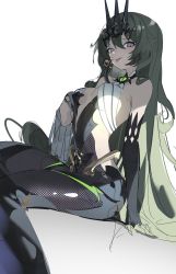 Rule 34 | 1girl, :p, bare shoulders, black dress, black gloves, crown, dress, earrings, gloves, green eyes, green hair, highres, honkai (series), honkai impact 3rd, jewelry, long hair, looking at viewer, mobius (honkai impact), qtian, simple background, single earring, sketch, smile, solo, tongue, tongue out, white background