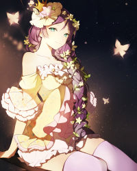 Rule 34 | 10s, 1girl, aqua eyes, bare shoulders, breasts, bug, butterfly, dress, flower, gradient background, hair flower, hair ornament, hair over shoulder, insect, long hair, looking at viewer, love live!, love live! school idol festival, love live! school idol project, lpip, plant, purple hair, smile, solo, thighhighs, tojo nozomi, vines