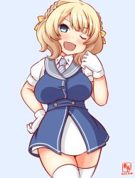 Rule 34 | 1girl, artist logo, blonde hair, blue background, blue dress, blue eyes, blush, braid, breasts, colorado (kancolle), commentary request, cosplay, cowboy shot, dated, dress, dress shirt, gloves, hand on own chest, kanon (kurogane knights), kantai collection, large breasts, looking at viewer, necktie, one-hour drawing challenge, sailor collar, shirt, short hair, side braids, simple background, solo, thighhighs, ukuru (kancolle), ukuru (kancolle) (cosplay), white gloves, white shirt, white thighhighs