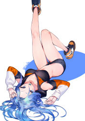 Rule 34 | 1girl, absurdres, arms up, bare legs, bare shoulders, black footwear, black shorts, blue eyes, blue hair, blush, borrowed character, breasts, bukurote, candy, character name, cleavage, clothing cutout, collarbone, commentary request, commission, food, from behind, full body, highres, knee up, leg up, lollipop, long hair, long sleeves, looking at viewer, looking back, lying, medium breasts, bae minah (chaesu), mouth hold, nike (company), on back, open mouth, original, pixiv commission, shoes, short shorts, shorts, shoulder cutout, simple background, sneakers, solo, very long hair, white background
