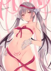 Rule 34 | bad id, bad twitter id, bat wings, blush, breasts, collarbone, cowboy shot, gloves, long hair, medium breasts, naked ribbon, original, pubic tattoo, red eyes, red ribbon, revision, ribbon, rurudo, signature, silver hair, solo, symbol-only commentary, tattoo, twintails, twitter username, very long hair, white gloves, wings