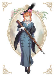 Rule 34 | 1girl, alternate costume, black footwear, black hat, blue dress, blue jacket, blush, bolt action, bow, brown hair, buttons, closed mouth, commentary, dress, facing viewer, flower, full body, girls&#039; frontline, gloves, green eyes, gun, hair between eyes, hat, holding, holding gun, holding weapon, jacket, jewelry, kws, long hair, long sleeves, looking at viewer, m1903 springfield, pantyhose, rifle, rose, shoes, simple background, smile, solo, springfield (girls&#039; frontline), standing, weapon, white gloves