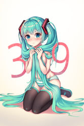Rule 34 | 1girl, 39, aqua eyes, aqua hair, bad id, bad pixiv id, blush, boots, covering breasts, covering privates, full body, hair over breasts, hatsune miku, highres, long hair, looking at viewer, panties, salukino, seiza, sitting, solo, striped clothes, striped panties, thigh boots, thighhighs, topless, twintails, underwear, underwear only, very long hair, vocaloid, wavy mouth, white background